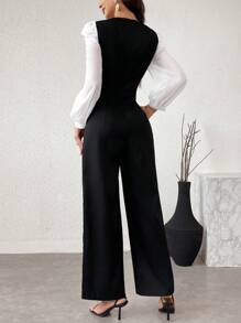 Modelyn Women's Square Neck Color Block Elegant Long Sleeve Wide Leg Jumpsuit Fall Cloth For Women - Black and White - View 8
