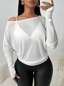 SHEIN SXY Biała, przezroczysta bluzka z długim rękawem na jedno ramię - Biały - Zobacz 3