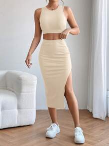 SHEIN PETITE Bộ áo ba lỗ crop top liền mạch và váy xẻ đùi hai mảnh - Màu be - Xem 3