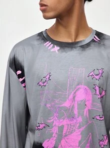 ROMWE MEN ROMWE Avant 男士春秋休闲、卡通人物及字母印花长袖T恤、校园 - 灰色 - 查看 6