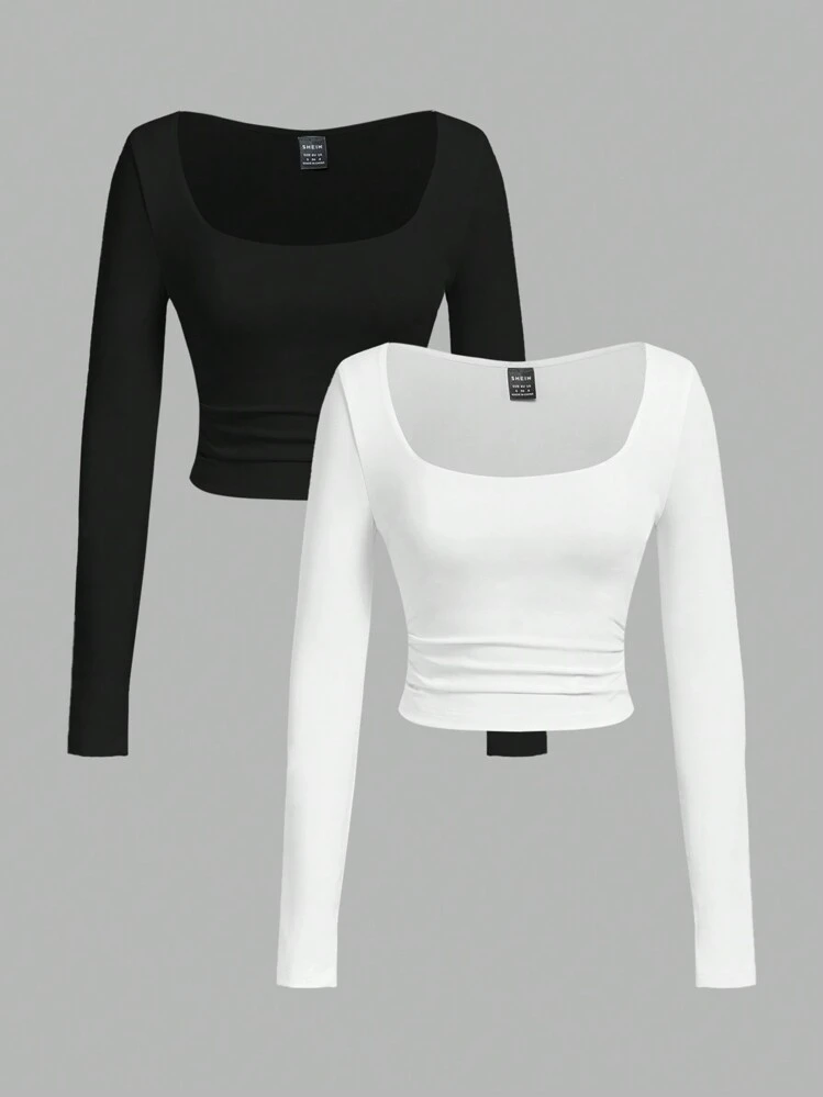 SHEIN EZwear 2 piezas Blusas de mujer de unicolor, cuello cuadrado, cintura entallada, manga larga, ajuste slim - Blanco y Negro - Añade 1