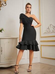 Zolique Black Asymmetrical Neck Mesh Floral Trim Cocktail Dress