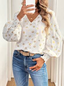 SHEIN LUNE 女士 V 领长袖雪纺衬衫，带锡箔豹纹，适合外出 - 白色 - 查看 4