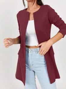 RueChic Chất rắn Chi tiết về Flap Mở Mặt trước áo - Màu Đỏ Sâu - Xem 3