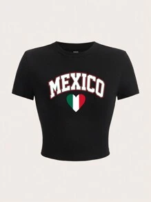 SHEIN Essnce Áo thun crop top cổ tròn tay ngắn họa tiết MEXICO tối giản giản dị dành cho nữ, chất liệu cotton pha, thích hợp cho mùa hè - màu đen - Xem 3
