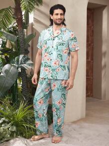 Men's Leaf Print Single Breasted Short Sleeve Top And Pants Pajama Set - Blue - View 8