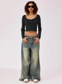 Forever 21 Áo thun dệt kim cổ tròn màu đen viền nơ - màu đen - Xem 5