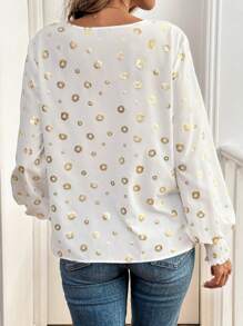 SHEIN LUNE 女士 V 领长袖雪纺衬衫，带锡箔豹纹，适合外出 - 白色 - 查看 2