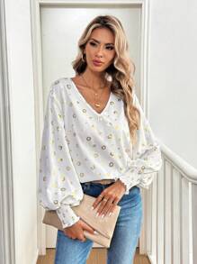 SHEIN LUNE 女士 V 领长袖雪纺衬衫，带锡箔豹纹，适合外出 - 白色 - 查看 3