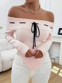 Chiquease Off-Shoulder Tie-Up Asymmetrical Hem Sweater, Autumn/Spring Knit Pullover Fall Winter Outfit