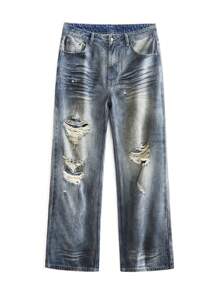 NEON BLANC Men's Cotton Distressed Loose Straight-Leg Spray-Painted Jeans