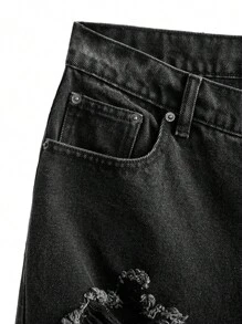 NEON BLANC Men's Distressed Straight Leg Denim Jeans, Woven And Washed - Black - View 11