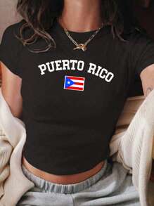 Flirla 女士波多黎各圆领字母与国旗印花短袖修身优雅休闲 T 恤图案 T 恤女式上衣 - 黑色 - 查看 1