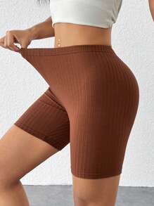 SHEIN PETITE Women's Solid Color Ribbed Short Leggings