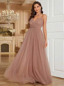 SHEIN Belle Elegante y Romántico Vestido De Dama De Honor Con Malla En V-Cuello, Vestido De Gala Formal Para Mujeres - Champán - Ver 4