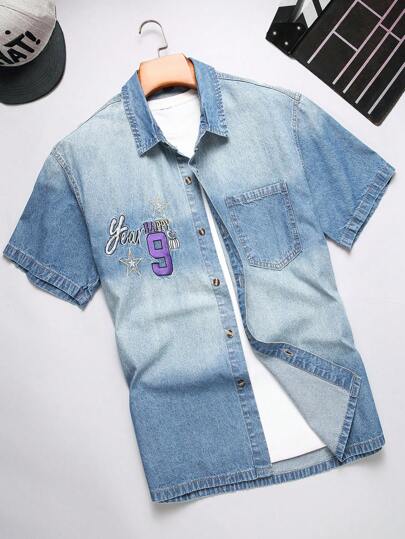 Manfinity Homme Men's Casual Letter Print Pocket Short Sleeve Denim Shirt, Summer
