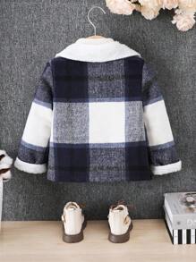 SHEIN Young Girls Blue Plaid Patchwork Thermal Lined Lapel Casual Jacket For Fall Winter, Suitable For School Commute & Street Wear