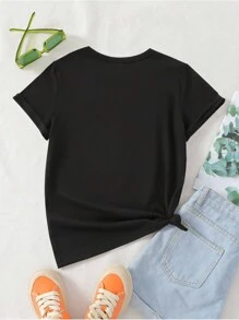 Áo thun ngắn tay in chữ sáng tạo thường ngày thoải mái cho các cô gái tuổi teen, đa năng - màu đen - Xem 2