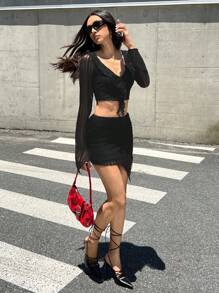 SHEIN Unity Long-Sleeved Ruffled Top & Low-Rise Skirt With An Asymmetrical Hem For A Statement Look - Black - View 6