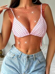 Zolique Débardeur en crochet transparent avec ornements de strass, sexy