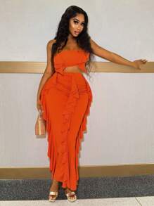 BamGleam Women's Two-Piece Set, Short Cut Top And Mid-Length Skirt With Ruffle Design, Orange - Burnt Orange - View 1