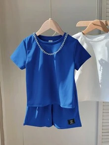 3件套儿童夏季服装，男童舒适休闲风金属项链装饰圆领短袖T恤上衣，印花短裤2件套，高性价比套装，适合户外玩耍、街头摄影、派对、居家休闲等场合。 - 彩色 - 查看 5