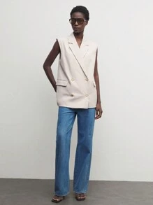 BizChic Chaqueta casual sin mangas con cuello alto, botones frontales y bolsillos para mujer