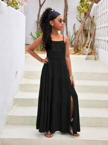 SHEIN Tween Girls' Solid Color Black Split Hem Sleeveless Maxi Casual Dress, Spring Summer - Black - View 3