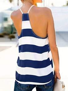 EMERY ROSE Women's Summer Casual Color Block Striped Halter Neck Top - Blue and White - View 2