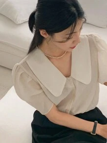 DAZY Women's Solid Color Puff Sleeve Cute Peter Pan Collar T-Shirt, Summer Sheer