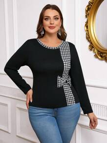 Reflora Colorblock Houndstooth Retro Elegant Long Sleeve Stretch Knit Curve Hem Top, Plus Size Fall Fashion 2026 - Black and White - View 6
