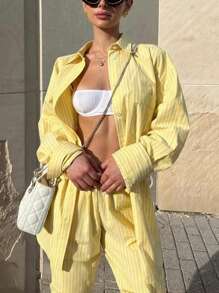 INAWLY Conjunto de blusa de manga larga con hombros caídos a rayas y pantalones de pierna ancha para mujer, conjunto informal de dos piezas para primavera y verano