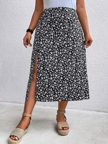 SHEIN LUNE Plus Size Women's Ditsy Floral Side Slit Hem Maxi Casual Skirt - Multicolor - View 1