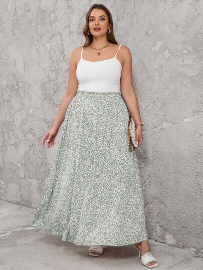 Reflora Plus Size Summer Green Floral Printed High Waist Flared Skirt