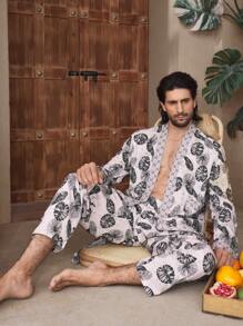 2 件套男士全身花卉印花拼布长袖长衬衫和长裤睡衣套装