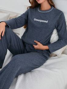 RueChic 100% Cotton 2Pcs  Slogan Injection Printed Shirt And Lounge Bottom Homewear Lounge Set - Dusty Blue - View 3