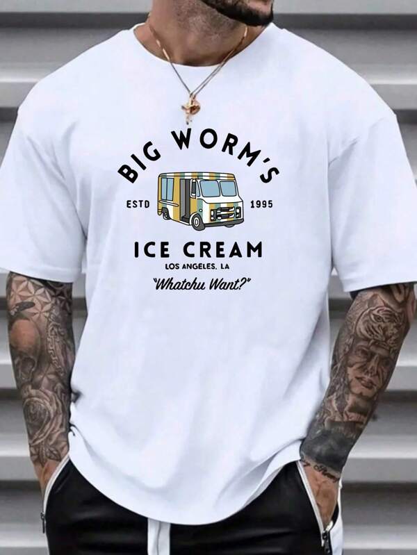 Plus Size Men's Slogan & Bus Graphic Round Neck Short Sleeve Casual T-Shirt