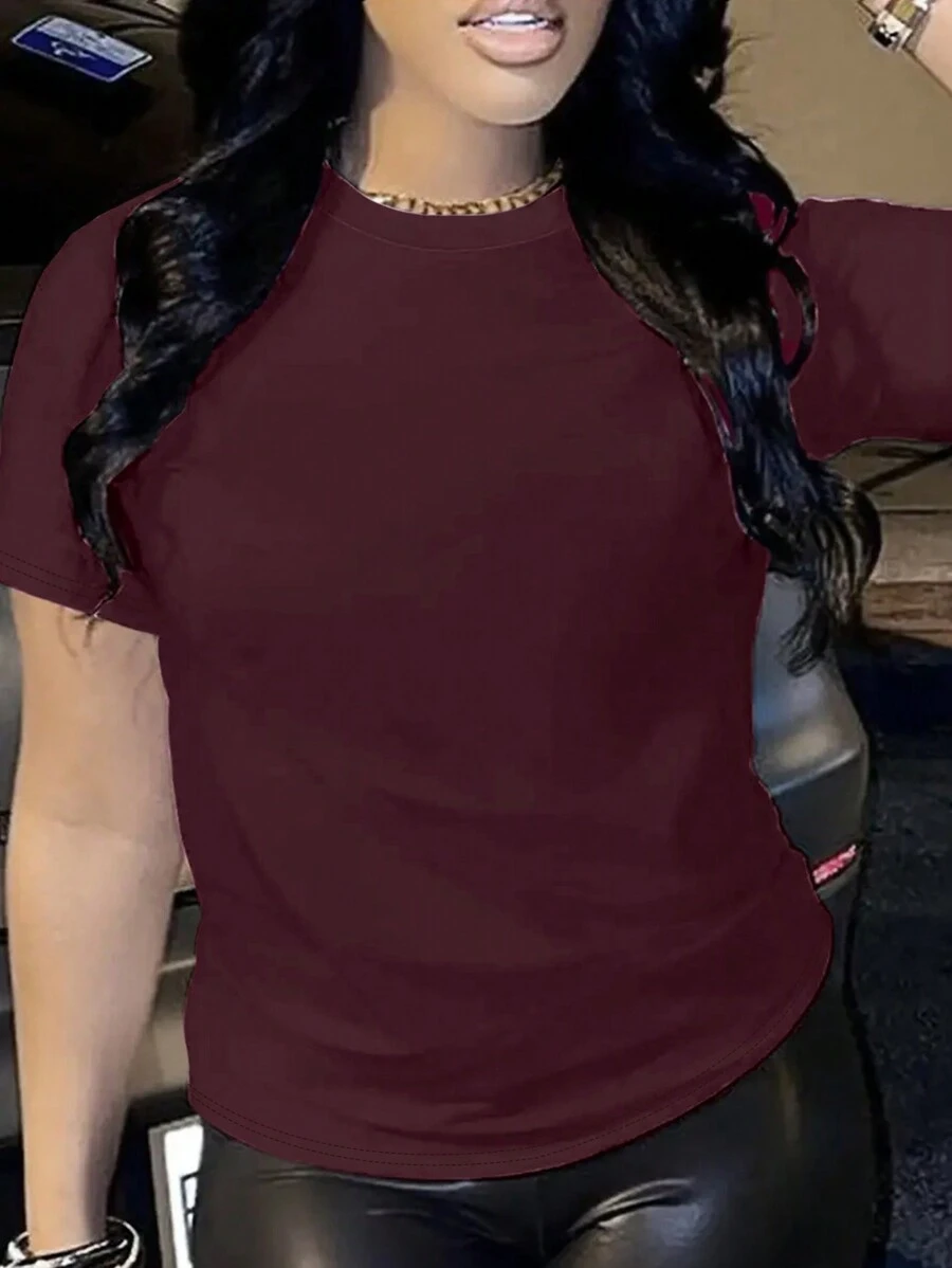 Women's Solid Color Basic Crew Neck Short Sleeve T-Shirt - Burgundy - View 1