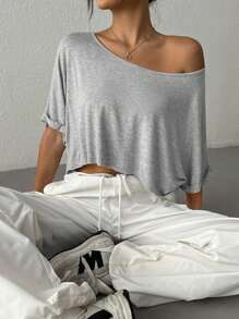 SHEIN EZwear Women Oversized Loose Fit Knitted One Shoulder Crew Neck T-Shirt, Grey