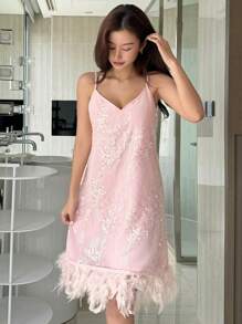 DAZY Sequin Hem Fluffy Spaghetti Strap Nightgown - Pink - View 1