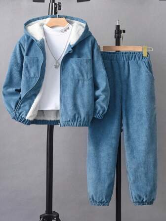 SHEIN Tween 男童休闲毛绒灯芯绒 2 件套 - 连帽拉链运动衫和日常时尚长裤