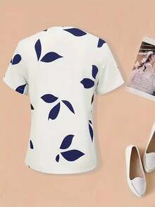 女士时尚树叶印花夏季衬衫、短袖上衣 - 白色 - 查看 2