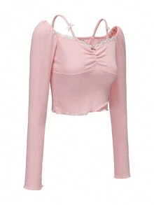 甜美蕾丝拼接 V 领紧身上衣粉色美学修身长袖 T 恤