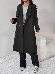 SHEIN PETITE Double Breasted Belted Trench Coat - Black - View 4