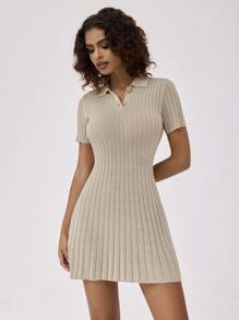 Forever 21 Solid Ribbed Knit Polo Neck Sweater Dress - Khaki - View 9