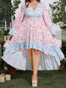 Flirla Vestido de flores con cuello en V cruzado, manga de campana y bajo asimétrico para mujer de talla grande, estilo vacacional