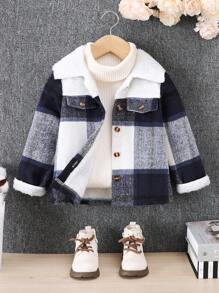 SHEIN Young Girls Blue Plaid Patchwork Thermal Lined Lapel Casual Jacket For Fall Winter, Suitable For School Commute & Street Wear