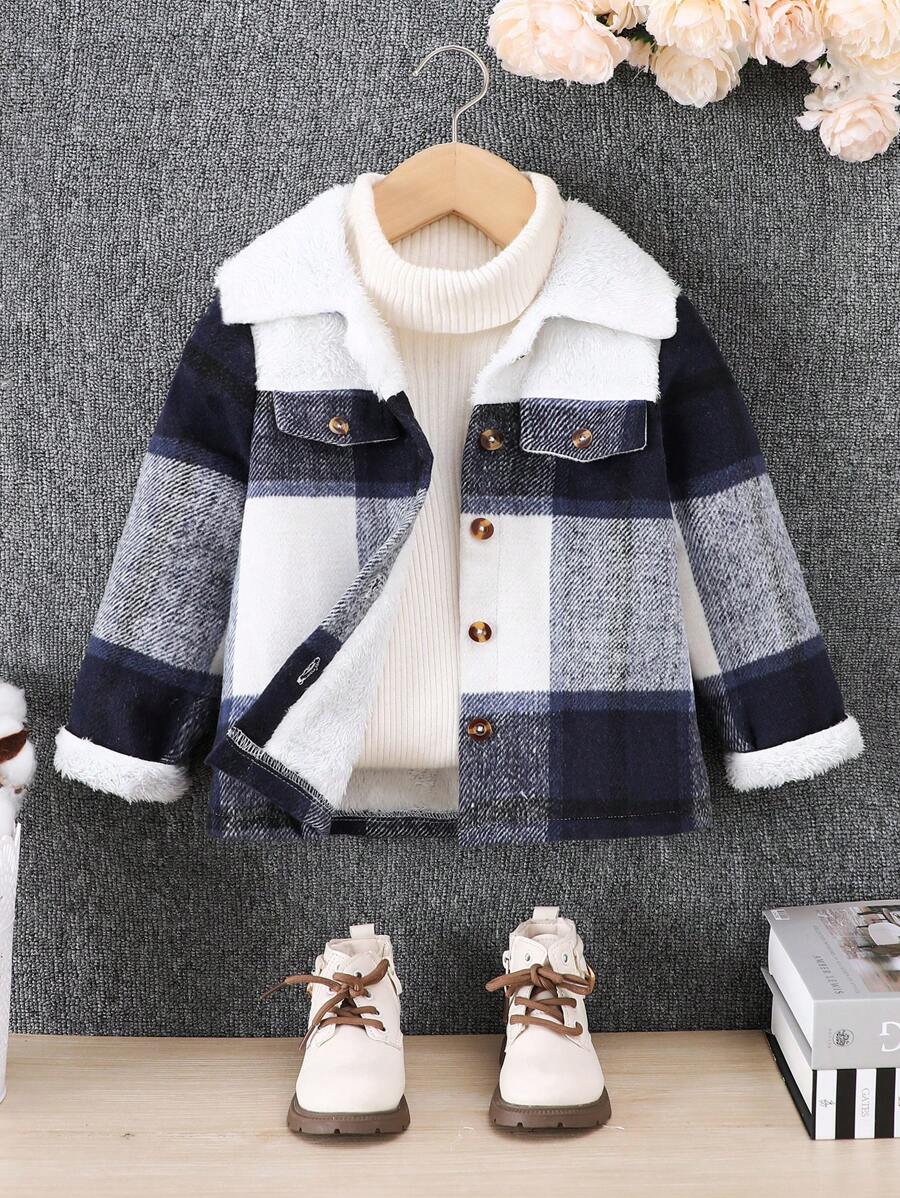 SHEIN Young Girls Blue Plaid Patchwork Thermal Lined Lapel Casual Jacket For Fall Winter, Suitable For School Commute & Street Wear