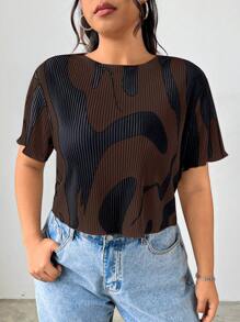 SHEIN EZwear Áo thun cổ tròn tay ngắn viền lá rau diếp cỡ lớn thường ngày, dành cho mùa hè - màu nâu - Xem 3