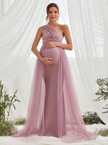 Faeriesty Dressalisa Luxury One-Shoulder Maternity Gown& Babyshower Dresseswith Asymmetrical Side Sash & Mermaid Train – Formal Baby Showers, Pregnancy Galas, Evening Receptions, Bridal Shower Celebrations, High-Fashion Photo Shoots